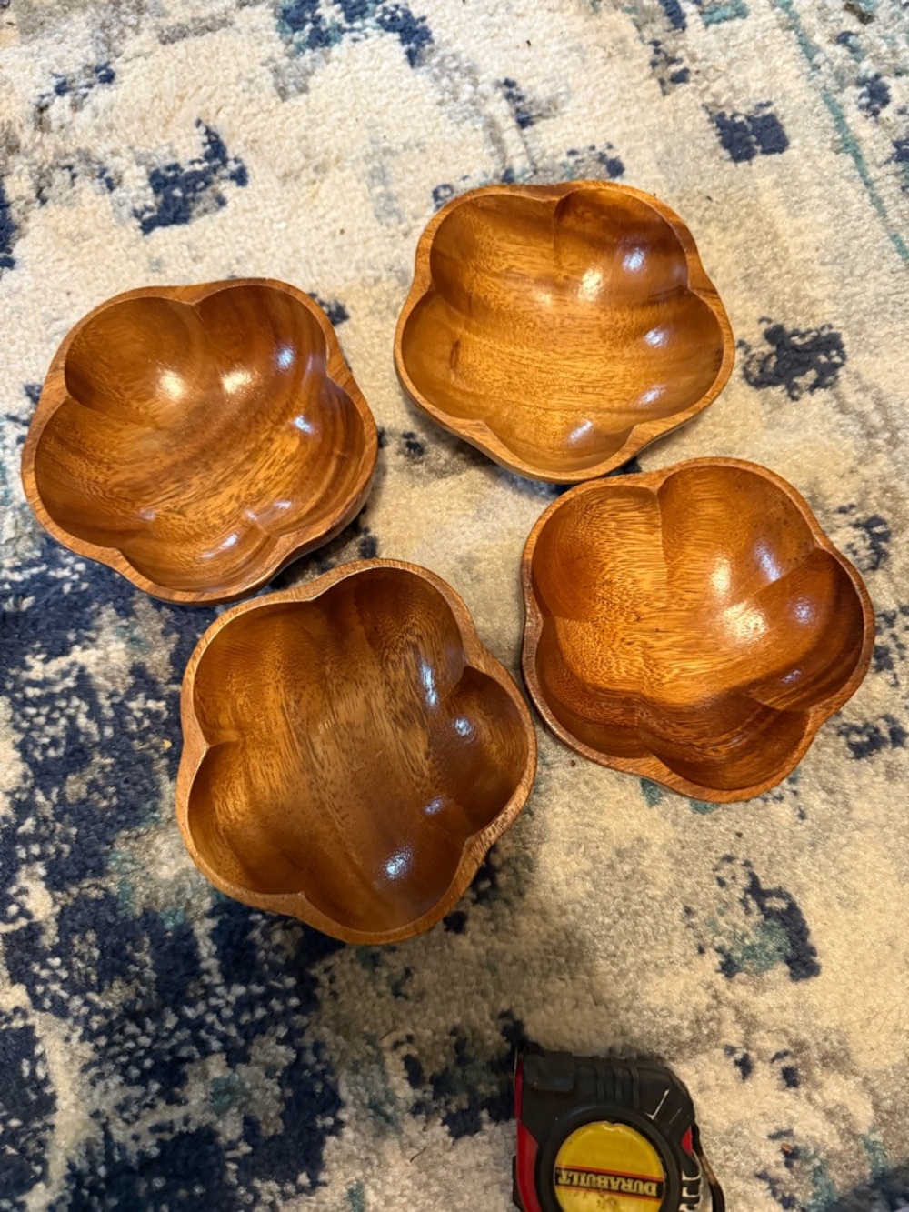 Set of 4 Monkey Pod Wood Flower-Shaped Snack Bowls - Natural Brown Vintage MCM